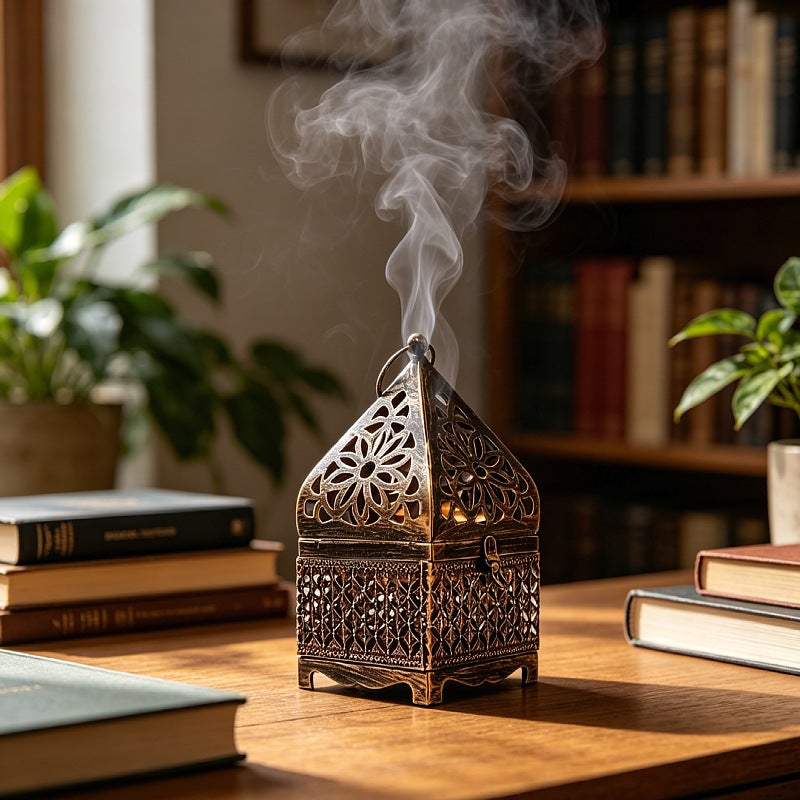 مبخرة فاخرة مطلية بالذهب من معدن محفورة يدويا بنقوش هندسية مجوفة لحرق البخور هدية عيد - Image 1