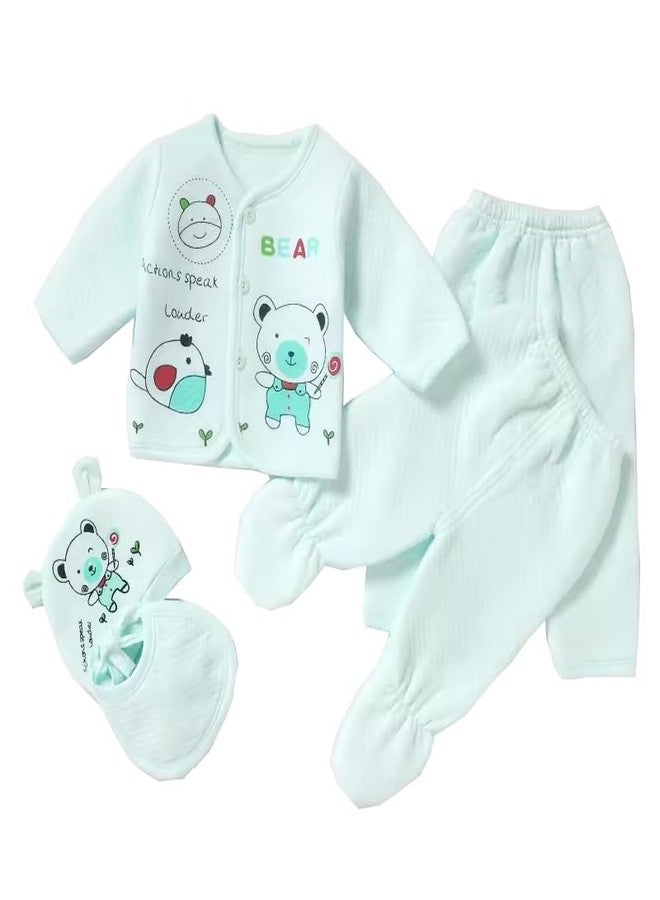 Billiondesigner Casual Style Presents New Born Baby Summer Dress 5Pcs Sets 100% Cotton Unisex Baby Suit Infant Clothes First Gift For Baby (0-6 Months, Green) - Image 1