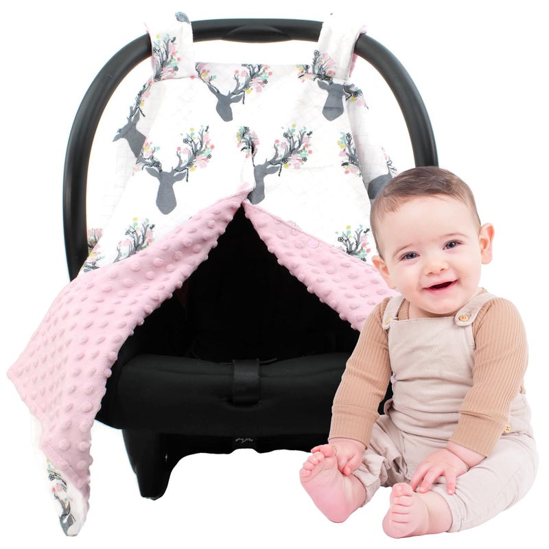 Dear Baby Gear ديار بيبي جير - 40x30 غطاء مقعد السيارة، غطاء حامل الرضع للأولاد والبنات، مريح للخريف، للاستخدام أثناء الرضاعة وعند التنقل، ملحق واقي من الشمس للسفر للمواليد، قرون وأزهار، نقاط وردية - Image 1