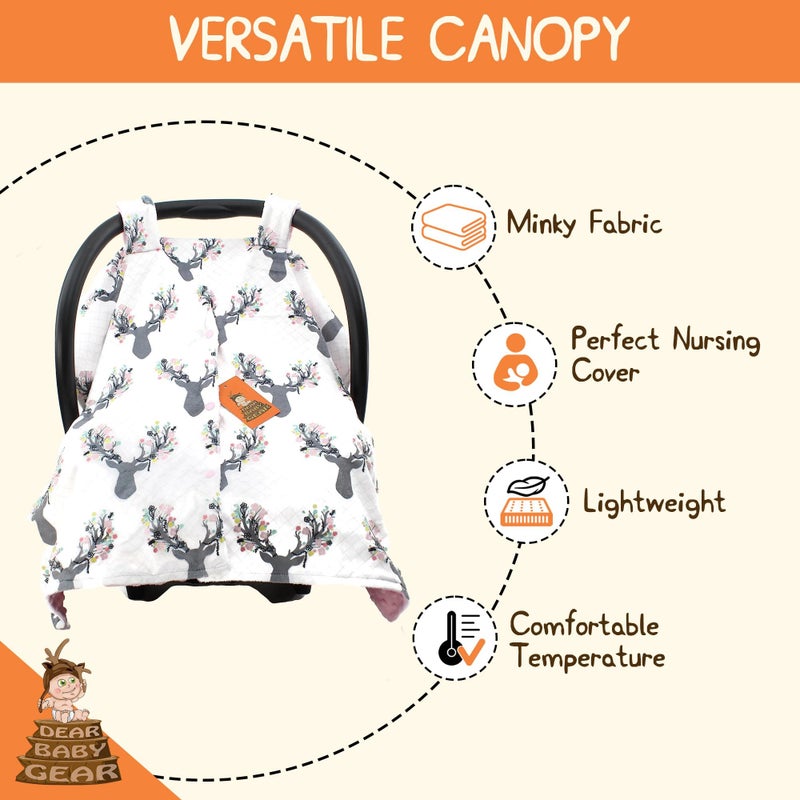 Dear Baby Gear ديار بيبي جير - 40x30 غطاء مقعد السيارة، غطاء حامل الرضع للأولاد والبنات، مريح للخريف، للاستخدام أثناء الرضاعة وعند التنقل، ملحق واقي من الشمس للسفر للمواليد، قرون وأزهار، نقاط وردية - Image 5