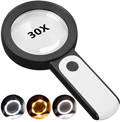 JMH Magnifying Glass with Light 30X Handheld Large 18LED Cold and Warm Light with 3 Modes Illuminated Magnifier for Seniors Reading Inspection Coins Jewelry Exploring