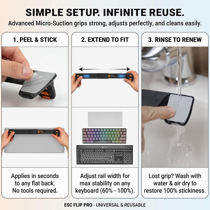 GPG2 حامل لوحة مفاتيح قابل للتعديل ESC Flip PRO (الجيل الثالث) - عرض قابل للتوسيع لتحقيق استقرار 100% على لوحات المفاتيح كاملة الحجم والمضغوطة - قبضة ميكرو-شفط قابلة لإعادة الاستخدام (قابلة للغسل وبدون لاصق) - أرجل قابلة للطي محمولة للكمبيوتر المحمول والكمبيوتر الشخصي - Image 2