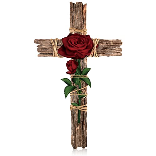 Chunful Wood Wall Cross with Hemp Rope Rose Wooden Wall Mounted Holy Cross Art Religious Home Living Room Decor Accessory for Home Decoration and Gifts - Image 1