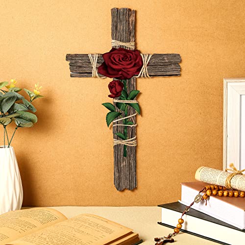 Chunful Wood Wall Cross with Hemp Rope Rose Wooden Wall Mounted Holy Cross Art Religious Home Living Room Decor Accessory for Home Decoration and Gifts - Image 3