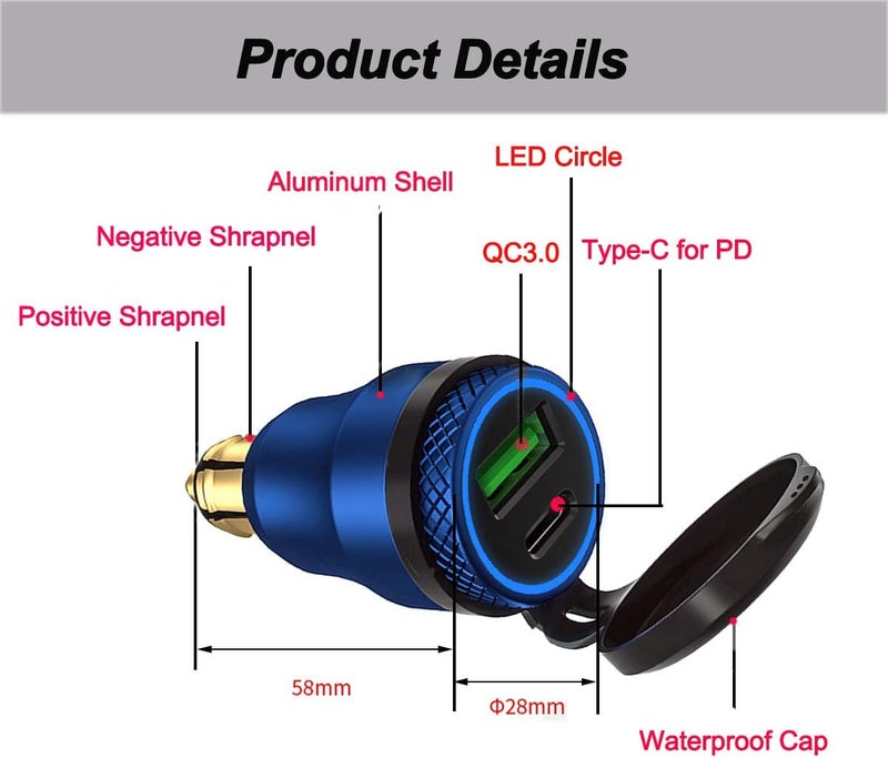 iMESTOU 30W Power Delivery DIN Hella Power Plug Charger with Type C and Quick Charge USB 3.0 for Motorcycles - Image 3