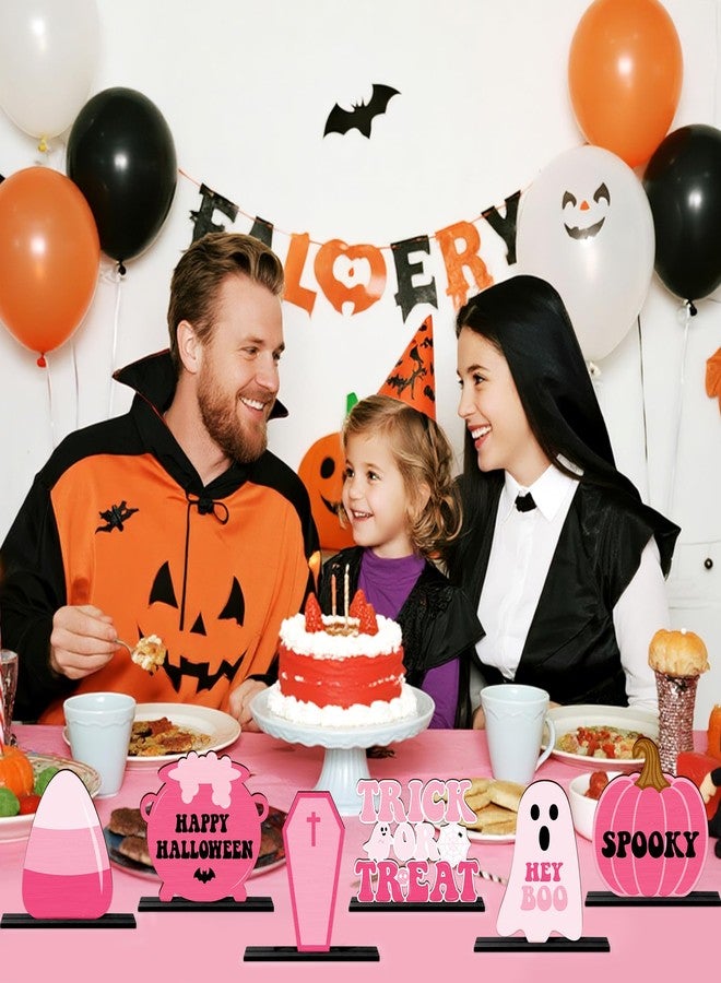 Haooryx Pink Halloween Wooden Centerpieces - 6Pcs Trick or Treat Wood Table Topper Pink Pumpkin Boo Coffin Corn Table Decoration for Halloween Decoration Birthday Party Dinner Home Desktop Wood Craft - Image 5