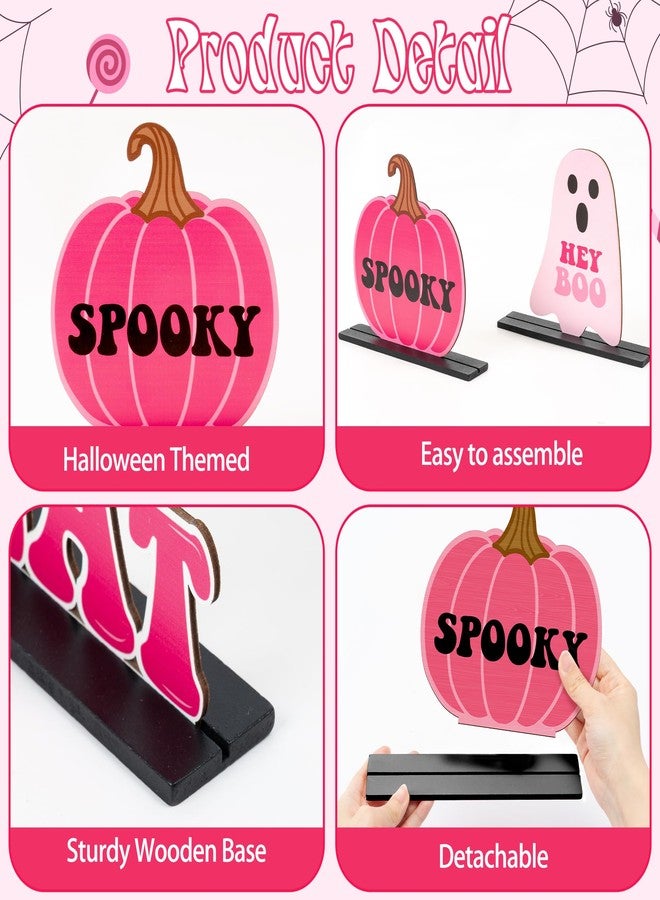 Haooryx Pink Halloween Wooden Centerpieces - 6Pcs Trick or Treat Wood Table Topper Pink Pumpkin Boo Coffin Corn Table Decoration for Halloween Decoration Birthday Party Dinner Home Desktop Wood Craft - Image 3