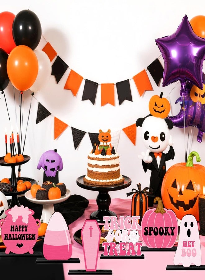 Haooryx Pink Halloween Wooden Centerpieces - 6Pcs Trick or Treat Wood Table Topper Pink Pumpkin Boo Coffin Corn Table Decoration for Halloween Decoration Birthday Party Dinner Home Desktop Wood Craft - Image 4