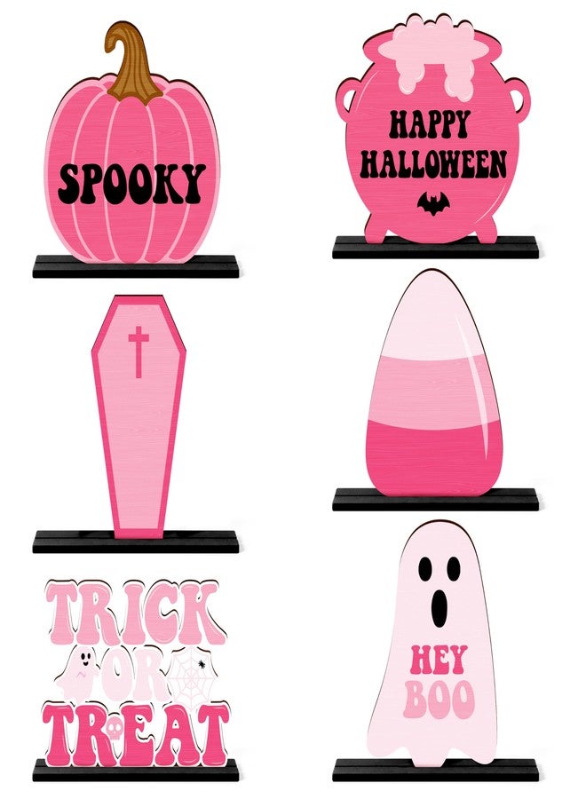 Haooryx Pink Halloween Wooden Centerpieces - 6Pcs Trick or Treat Wood Table Topper Pink Pumpkin Boo Coffin Corn Table Decoration for Halloween Decoration Birthday Party Dinner Home Desktop Wood Craft - Image 1