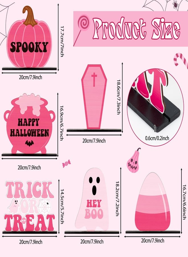 Haooryx Pink Halloween Wooden Centerpieces - 6Pcs Trick or Treat Wood Table Topper Pink Pumpkin Boo Coffin Corn Table Decoration for Halloween Decoration Birthday Party Dinner Home Desktop Wood Craft - Image 2