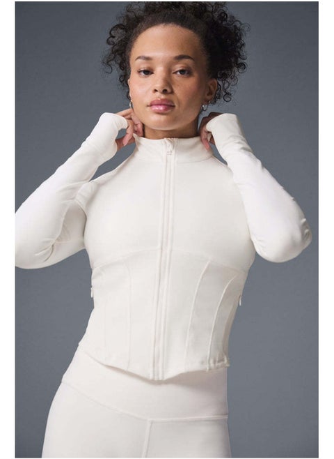 Alo Yoga Sport Coat Short Sleeve Tight-Fitting Crop Top with Waist-Hugging Design, Zipper Stand Collar, Tight-Fitting for Women, Fitness and Sports Use