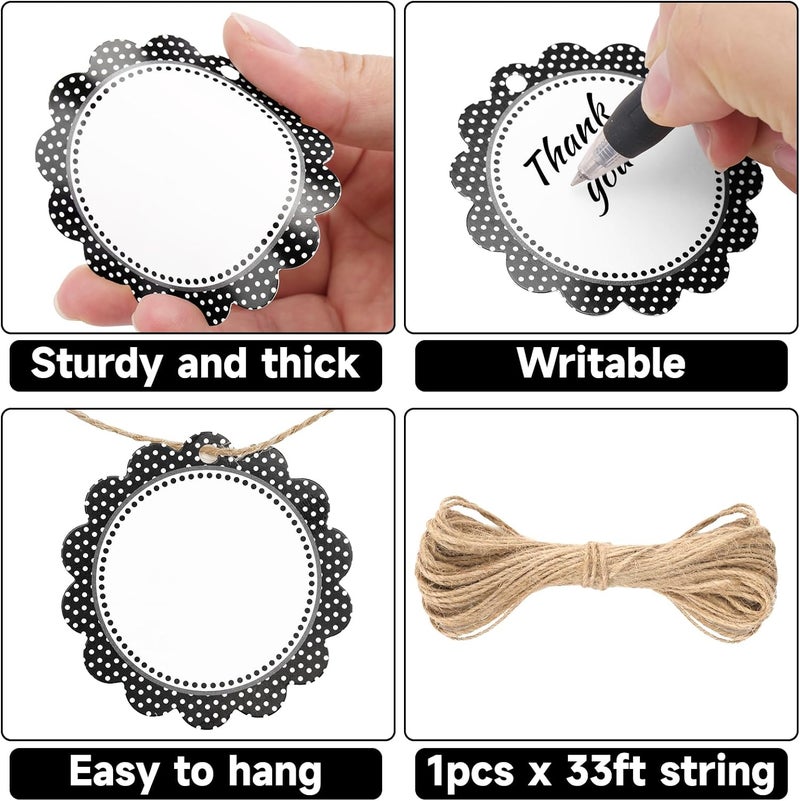 g2plus Gift Tags with String-50PCS Round Scalloped Paper Tags 2.5inches Large Blank Hanging Labels Craft Tag Black White Polka Dots Flower Edge Gift Wrap Hangtag for Wedding, Halloween Party Favors - Image 3