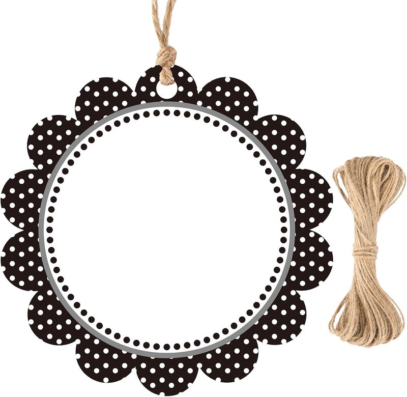 g2plus Gift Tags with String-50PCS Round Scalloped Paper Tags 2.5inches Large Blank Hanging Labels Craft Tag Black White Polka Dots Flower Edge Gift Wrap Hangtag for Wedding, Halloween Party Favors - Image 1