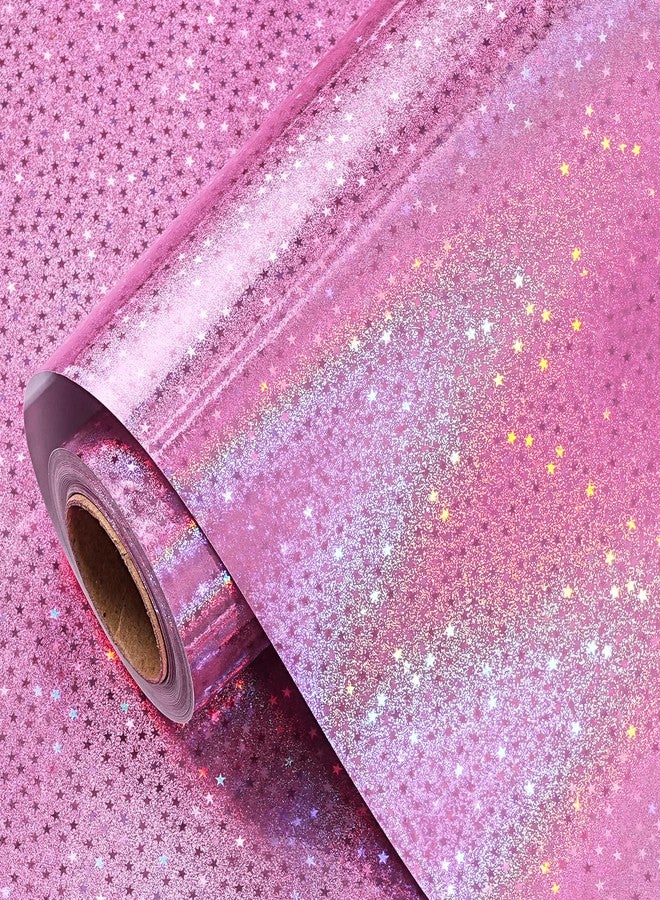 LeZakaa Pink Holographic Wrapping Paper, Metallic Foil Glitter Star Print for Christmas, Mothers Day, Graduation, Birthday, Valentines, Wedding, Engagement, Baby Shower, Mini Roll 17 IN x 32.8 FT - Image 1