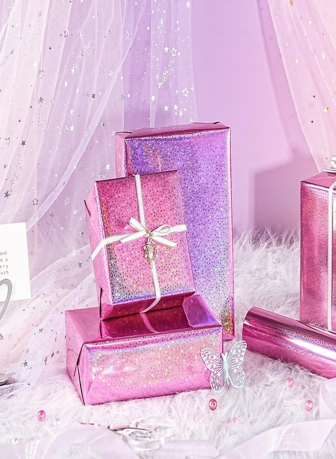 LeZakaa Pink Holographic Wrapping Paper, Metallic Foil Glitter Star Print for Christmas, Mothers Day, Graduation, Birthday, Valentines, Wedding, Engagement, Baby Shower, Mini Roll 17 IN x 32.8 FT - Image 2