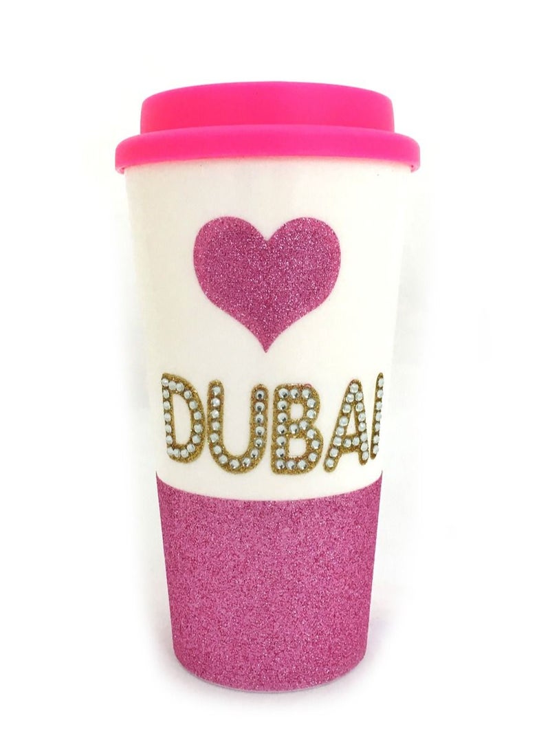 سلة كوب بتصميم مميز مع كلمة (دبي) وقلب مزيّن بفصوص لامعة وقلتر 16 اونصه - Image 1