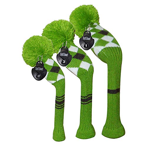 Scott Edward Vintage Long Neck Green/White/Black Argyles Grey Stripes Style Soft Pom Pom Golf Headcover, Set of 3 for Driver(460cc) Fairway Wood, Hybrid, Rotating Number Tags, Washable - Image 1