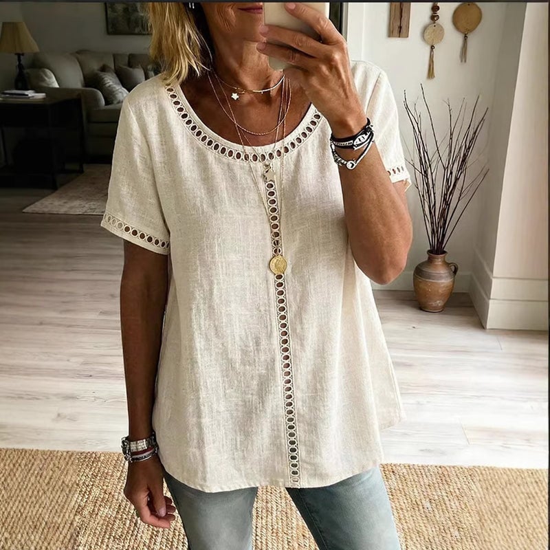 and New Women''s T-Shirt Spring Top Summer Comfortable Casual Patchwork Hollow Design Lace - Image 4