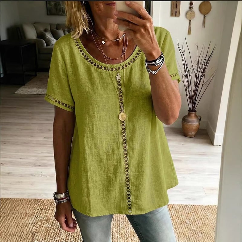 and New Women''s T-Shirt Spring Top Summer Comfortable Casual Patchwork Hollow Design Lace - Image 2