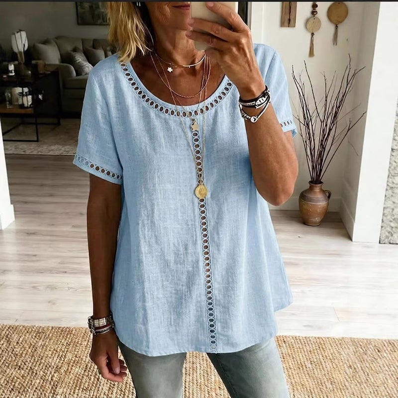 and New Women''s T-Shirt Spring Top Summer Comfortable Casual Patchwork Hollow Design Lace - Image 3
