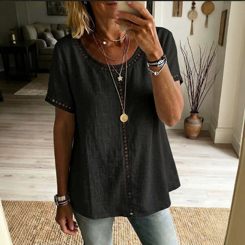 and New Women''s T-Shirt Spring Top Summer Comfortable Casual Patchwork Hollow Design Lace - Image 5