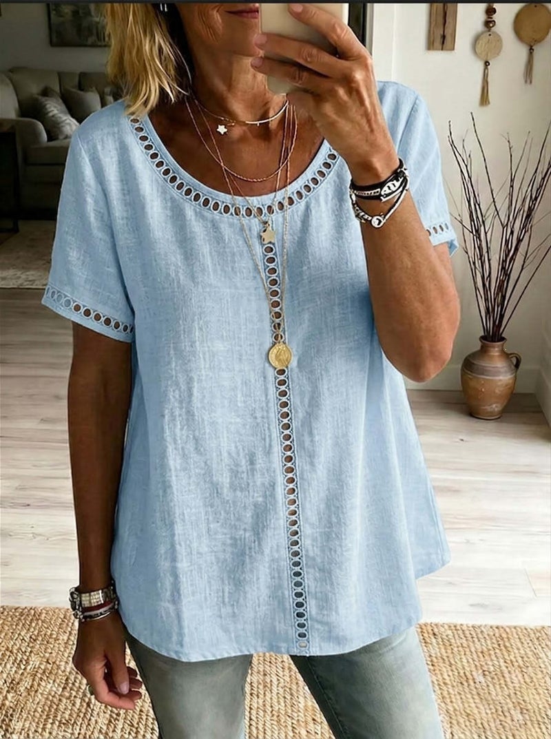and New Women''s T-Shirt Spring Top Summer Comfortable Casual Patchwork Hollow Design Lace - Image 1