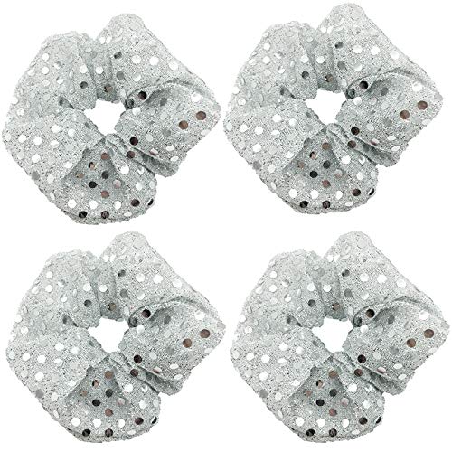 KINFENE 4 Pcs Sequins Christmas Hair Scrunchies Hair Bobbles Metallic Elastics Ponytail Holders Hair Wrist Ties Bands Cloth Scrunchies for Show Gym Dance Party Club Girl Silver
