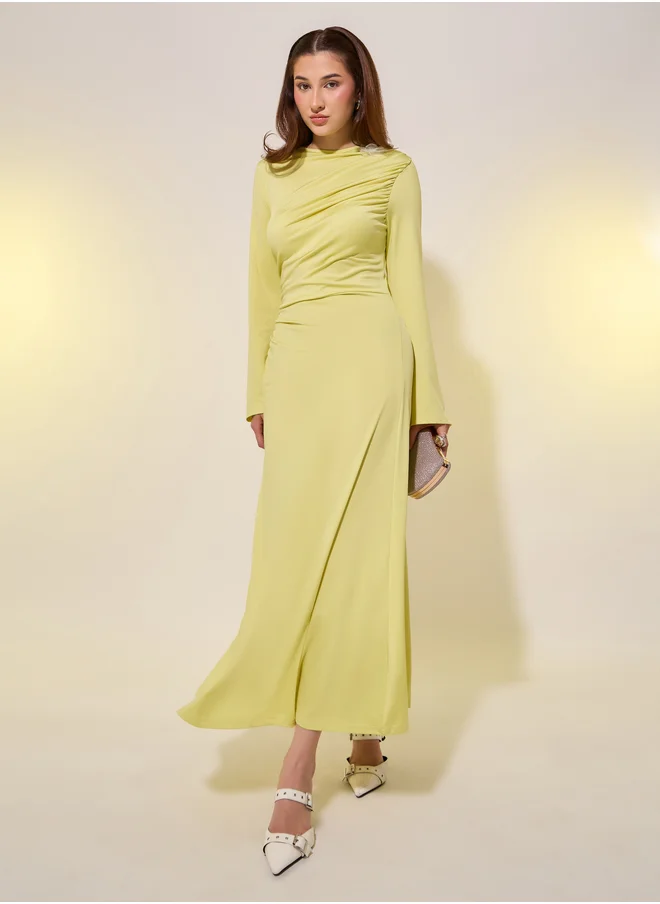 تايك تو Take Two Solid Bell Sleeves A-Line Midi Dress with Corsage Detail