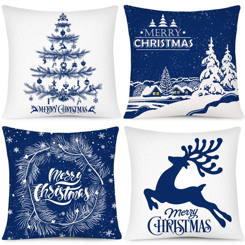 Whaline Merry Christmas Pillow Case White Blue Pillow Cover Snow Xmas Tree Reindeer Throw Cushion Cover Cushion Cases for Home Office Sofa Bed Christmas Party Decoration 4Pcs 18 x 18