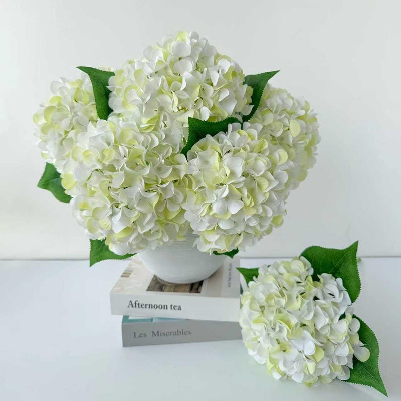 ZYTUYO 5 Pcs White & Light Green Silk Hydrangeas Artificial Flower Boho Dried Touch 20'' Faux Hydrangeas for Indoor Home Decor Kitchen Living Room Outdoor Porch Wedding Flower Arrangement - Image 1