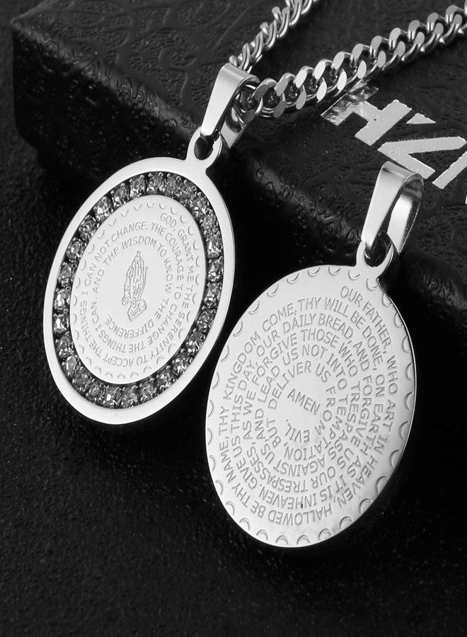 HZMAN Bible Verse Prayer Necklace Christian Jewelry Gold Stainless Steel Praying Hands Coin Medal Pendant (CZ Silver) - Image 2
