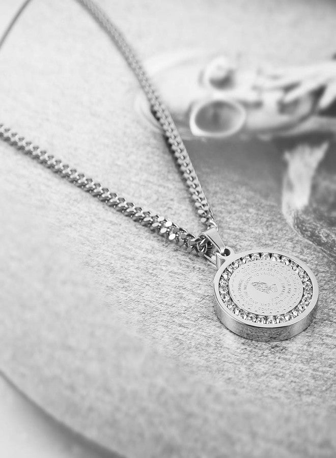 HZMAN Bible Verse Prayer Necklace Christian Jewelry Gold Stainless Steel Praying Hands Coin Medal Pendant (CZ Silver) - Image 3