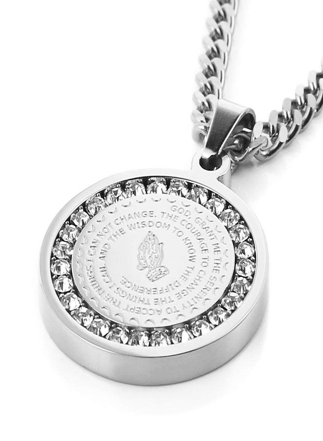 HZMAN Bible Verse Prayer Necklace Christian Jewelry Gold Stainless Steel Praying Hands Coin Medal Pendant (CZ Silver) - Image 5