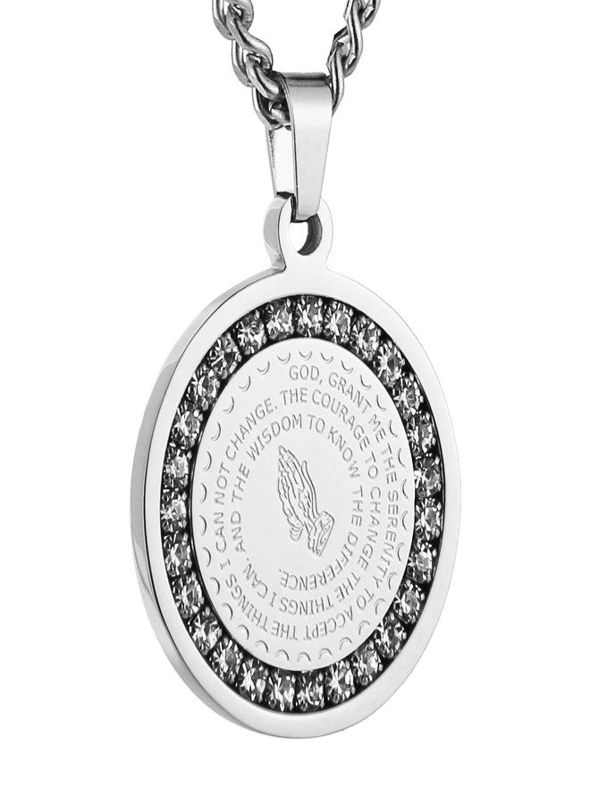 HZMAN Bible Verse Prayer Necklace Christian Jewelry Gold Stainless Steel Praying Hands Coin Medal Pendant (CZ Silver) - Image 1