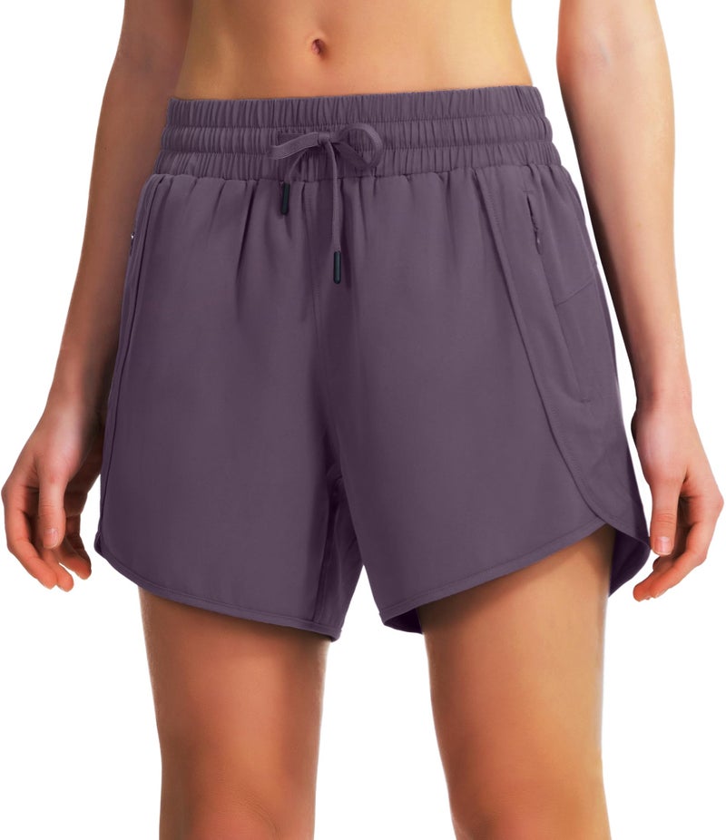 Ksmien Women's 5"/ 7" Athletic Running Shorts Quick Dry Lightweight Workout Gym Shorts with Zipper Pockets UPF 50+ Grey Purple - Image 4