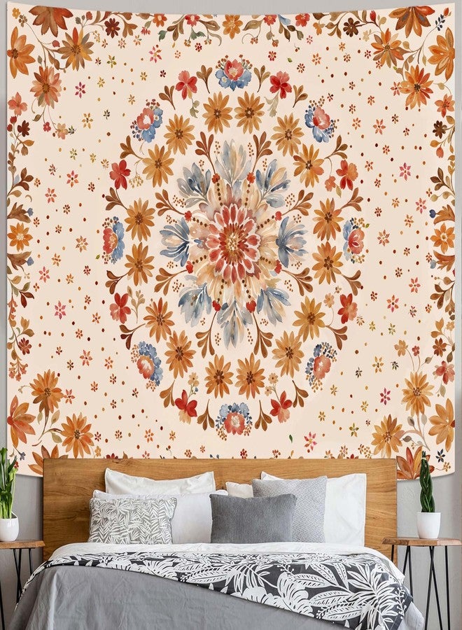 Fowocu Boho Floral Mandala Tapestry Wall Hanging Watercolor Bohemian Flower Medallion Tapestry Aesthetic Beige Orange Hippie Indian Small Tapestries for Bedroom Living Room Dorm Decor 40 x 30 Inch - Image 5