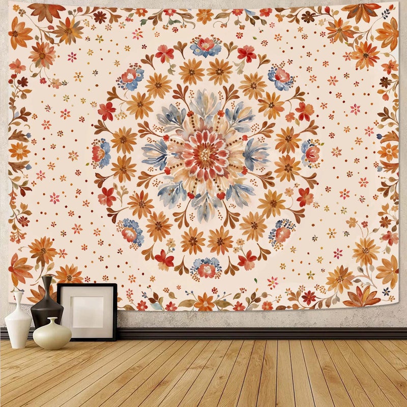Fowocu Boho Floral Mandala Tapestry Wall Hanging Watercolor Bohemian Flower Medallion Tapestry Aesthetic Beige Orange Hippie Indian Small Tapestries for Bedroom Living Room Dorm Decor 40 x 30 Inch - Image 1