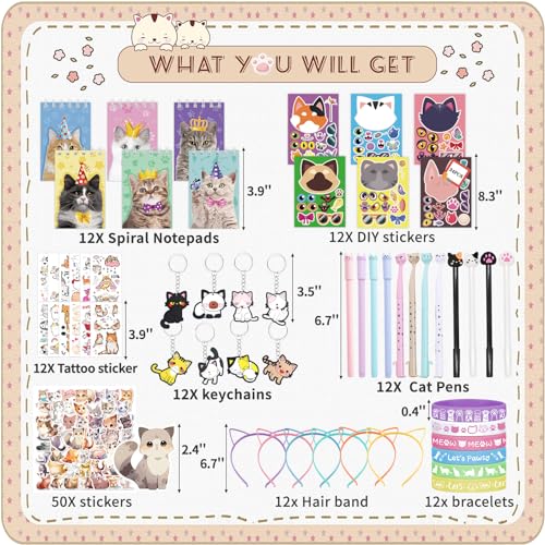 Bolake 134Pcs Cat Party Favors Set for Kids Cat Themed Birthday Party Supplies With Cat Headband Spiral Notepads Pens Keychains Tattoo Cat DIY Face Stickers Silicone Bracelets Cat Favors for Girls Kids Party - Image 5