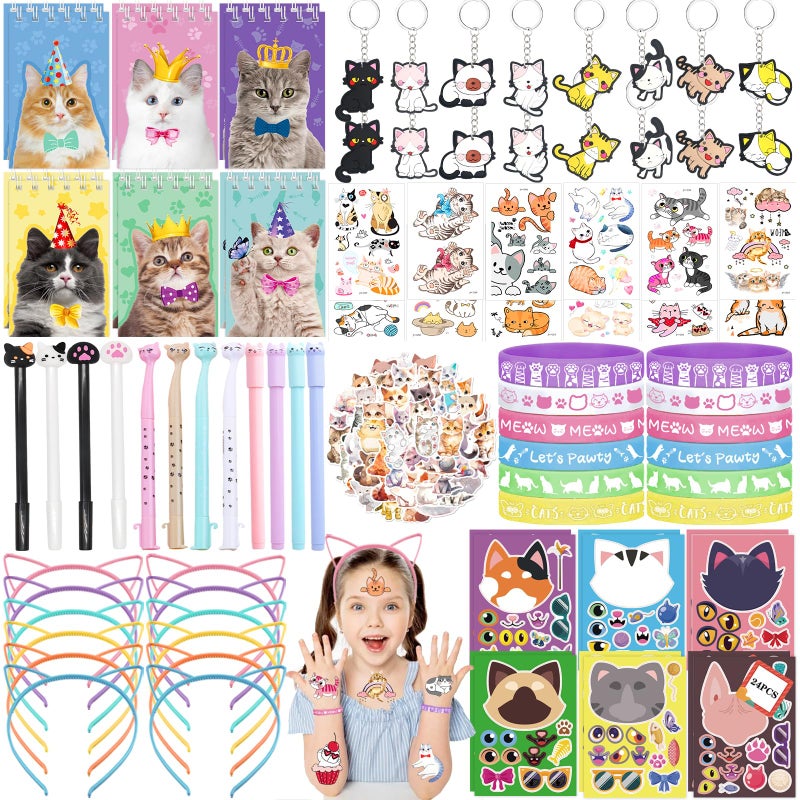 Bolake 134Pcs Cat Party Favors Set for Kids Cat Themed Birthday Party Supplies With Cat Headband Spiral Notepads Pens Keychains Tattoo Cat DIY Face Stickers Silicone Bracelets Cat Favors for Girls Kids Party - Image 3