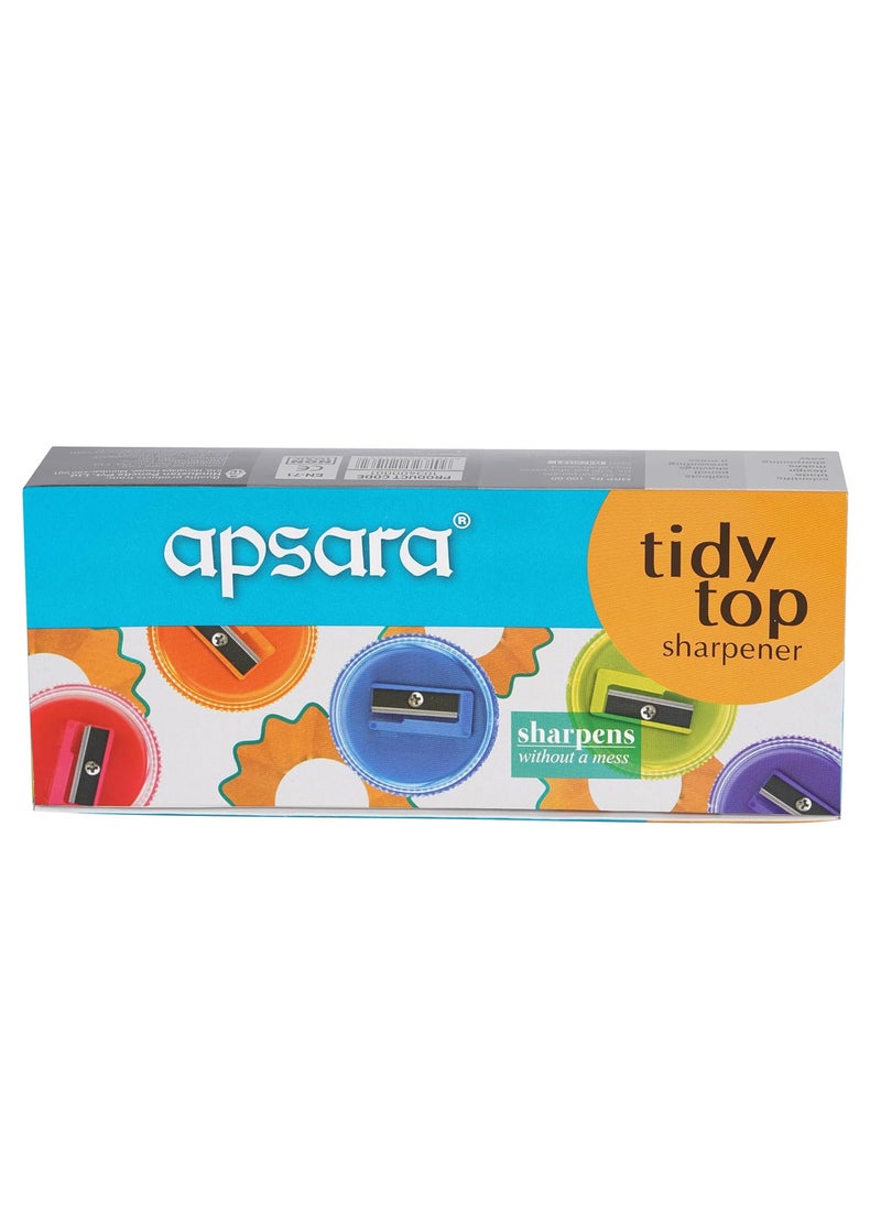 Apsara, Nataraj - Apsara Tidy Top Sharpener Round Shape MessFree Transparent Lid Comfortable Grip for Easy Holding Smooth Sharpening Attractive Colours Rust Free Pack of 20 Sharpeners - Image 1