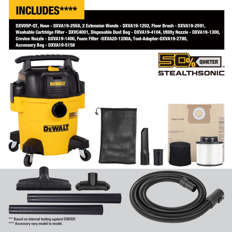 DEWALT ديوالت 5 جالون ستيلث سونيك مكنسة كهربائية هادئة للغاية رطبة/جافة، 4 حصان ذروة شفط قوي، مصممة لأداء طويل الأمد، مكنسة محمولة للمرآب وورشة العمل وموقع العمل، DXV05P-QT - Image 2