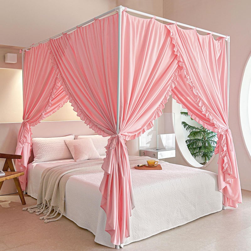 AIKASY Princess Canopy Bed Curtains with Top Ties Windproof Lightproof for Girls Adult Bedroom Decor Bed Canopy Drapes TwinPink