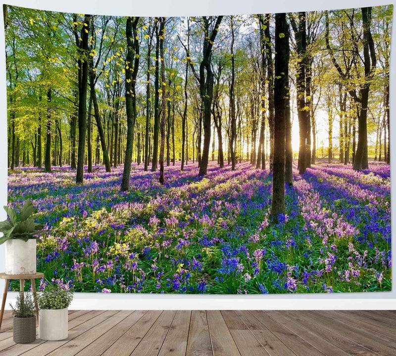 HVEST Forest Sunshine Tapestry Wall Hanging Spring Purple Lavender Morning Sunlight Through Green Trees Tapestry Nature Landscape Tapestries for Living Room Bedroom Aesthetic Decor, 40L x 60W Inches - Image 1