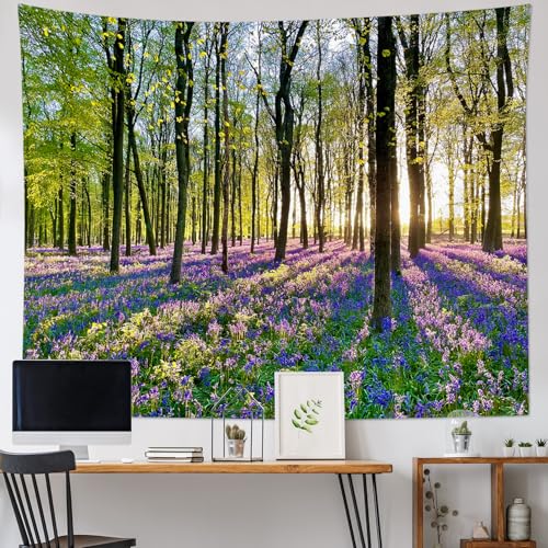 HVEST Forest Sunshine Tapestry Wall Hanging Spring Purple Lavender Morning Sunlight Through Green Trees Tapestry Nature Landscape Tapestries for Living Room Bedroom Aesthetic Decor, 40L x 60W Inches - Image 2
