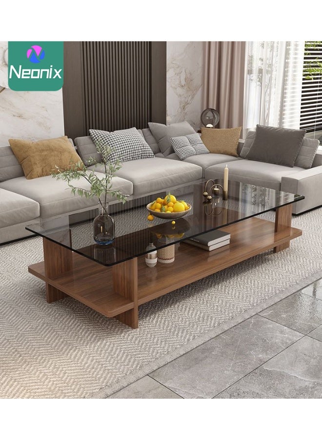 Neonix Rectangular double-tier coffee table, mid-century modern style living room centrepiece, featuring a transparent tempered glass top and walnut-coloured wooden base. This dual-level storage console measures 10cm in length, 50cm in width and 41cm in height, suitable for living rooms or offices. - Image 1
