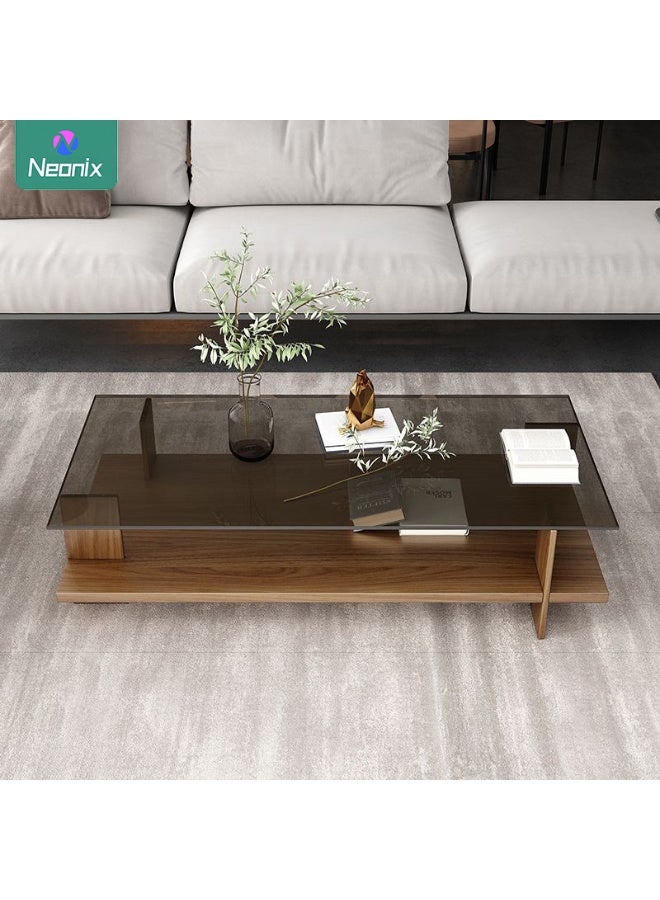 Neonix Rectangular double-tier coffee table, mid-century modern style living room centrepiece, featuring a transparent tempered glass top and walnut-coloured wooden base. This dual-level storage console measures 10cm in length, 50cm in width and 41cm in height, suitable for living rooms or offices. - Image 2