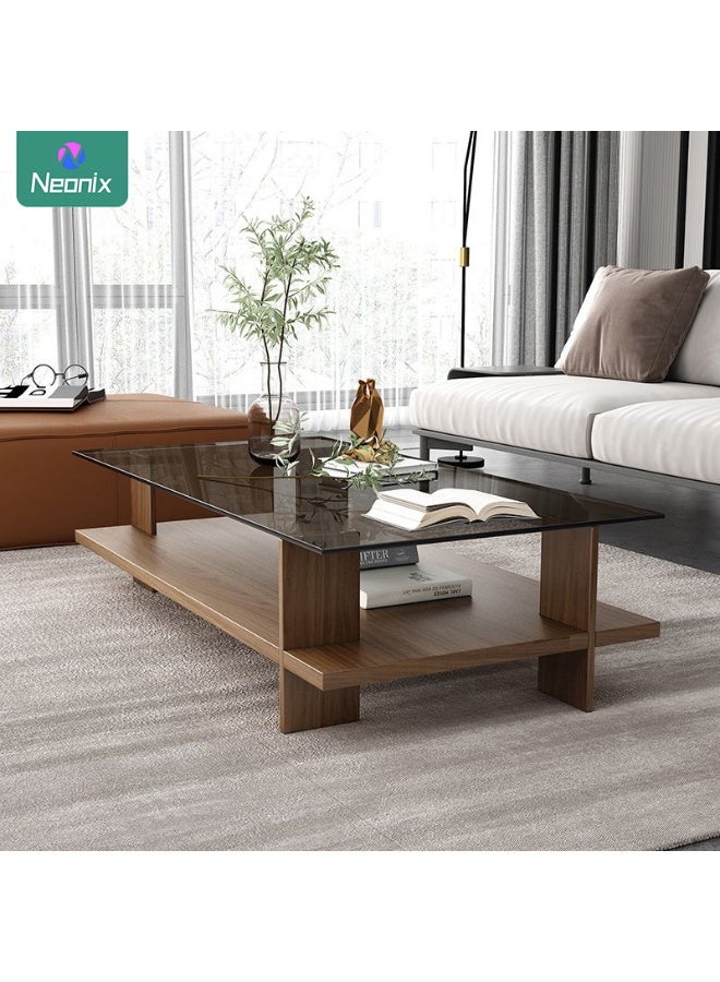 Neonix Rectangular double-tier coffee table, mid-century modern style living room centrepiece, featuring a transparent tempered glass top and walnut-coloured wooden base. This dual-level storage console measures 10cm in length, 50cm in width and 41cm in height, suitable for living rooms or offices. - Image 5