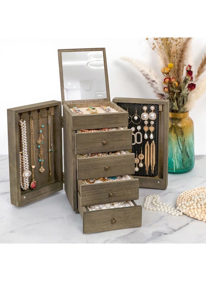 Meangood Jewelry Box Wood for Wowen, 5-Layer Large Organizer Box with Mirror & 4 Drawers for Rings, Earrings, Necklaces, Vintage Style Weathered Grey - Image 1