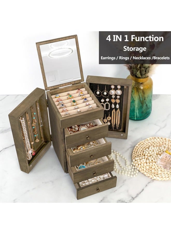 Meangood Jewelry Box Wood for Wowen, 5-Layer Large Organizer Box with Mirror & 4 Drawers for Rings, Earrings, Necklaces, Vintage Style Weathered Grey - Image 2