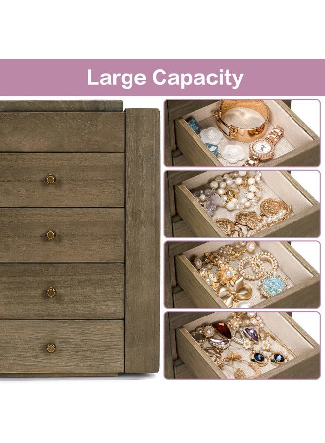 Meangood Jewelry Box Wood for Wowen, 5-Layer Large Organizer Box with Mirror & 4 Drawers for Rings, Earrings, Necklaces, Vintage Style Weathered Grey - Image 4